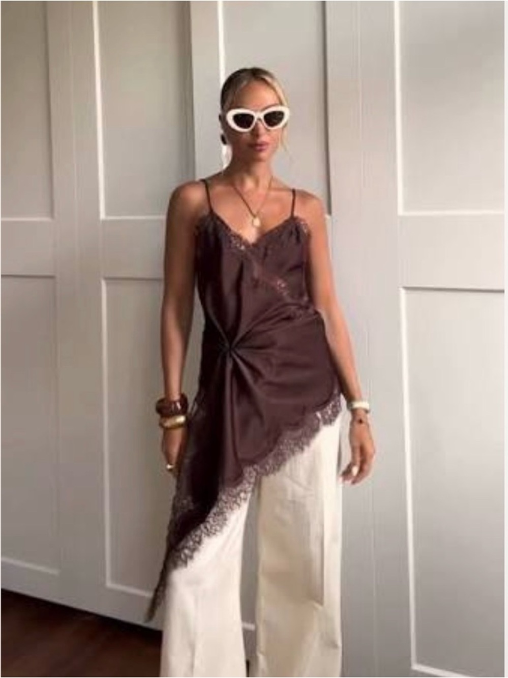 ZARA Satin Effect Chocolate Brown Lace Trim Asymmetric Slip Dress NWT